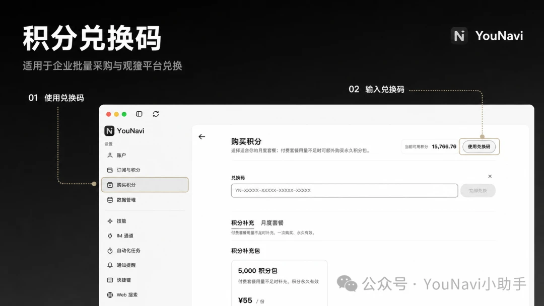 从 YouNavi 购买积分页面进入积分兑换码入口并完成兑换