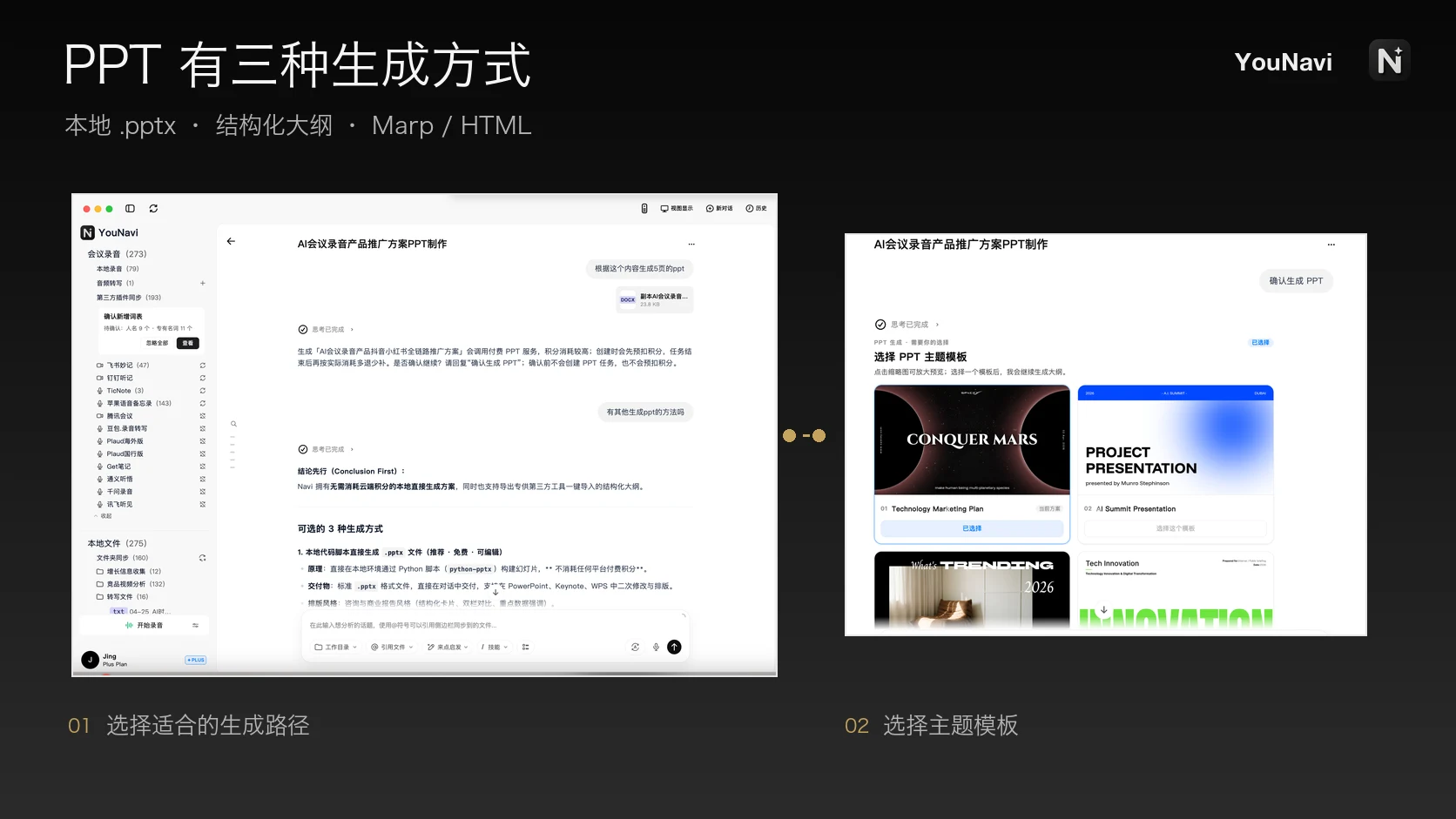 在 YouNavi 对话中选择生成方式与主题模板并生成 PPT