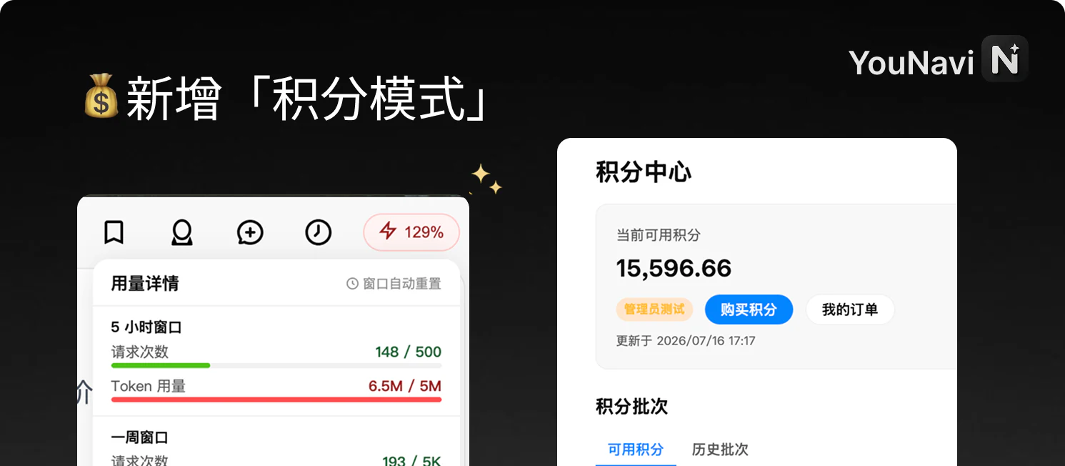 YouNavi 从固定时长额度升级为积分模式