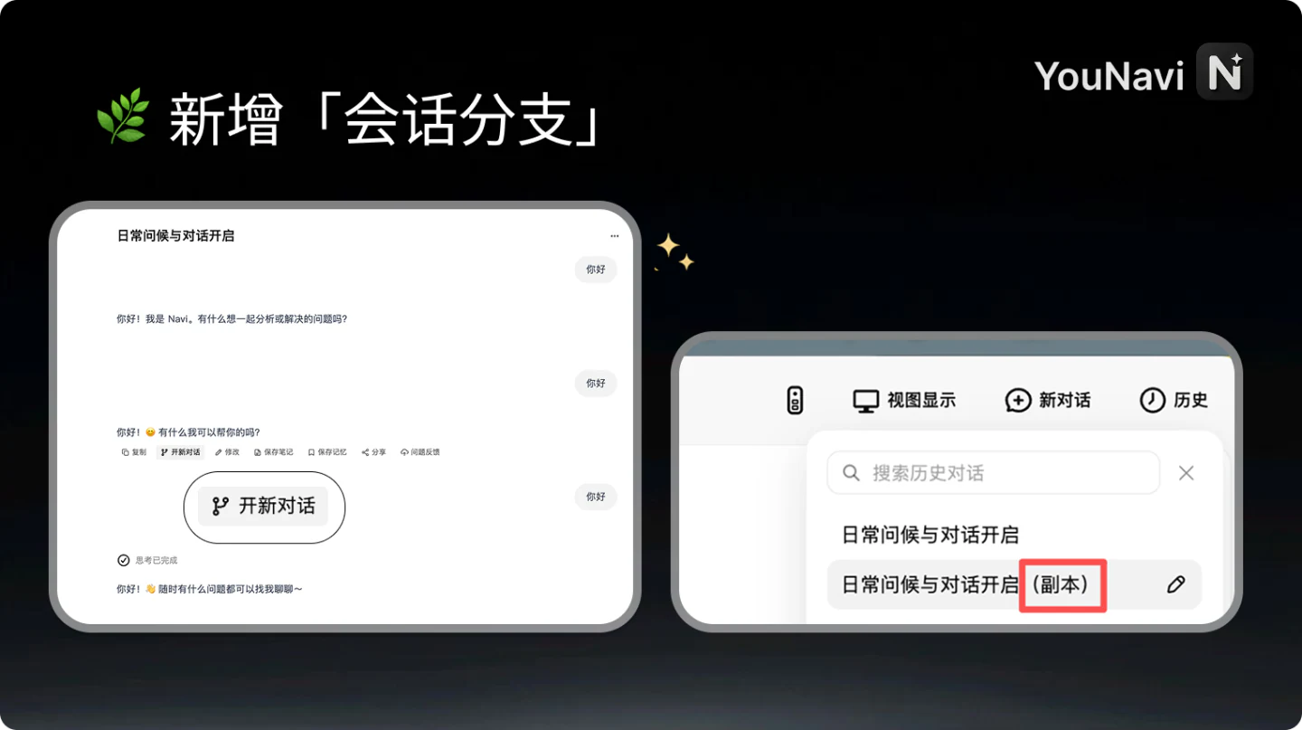 YouNavi v0.3.66 新增会话分支功能
