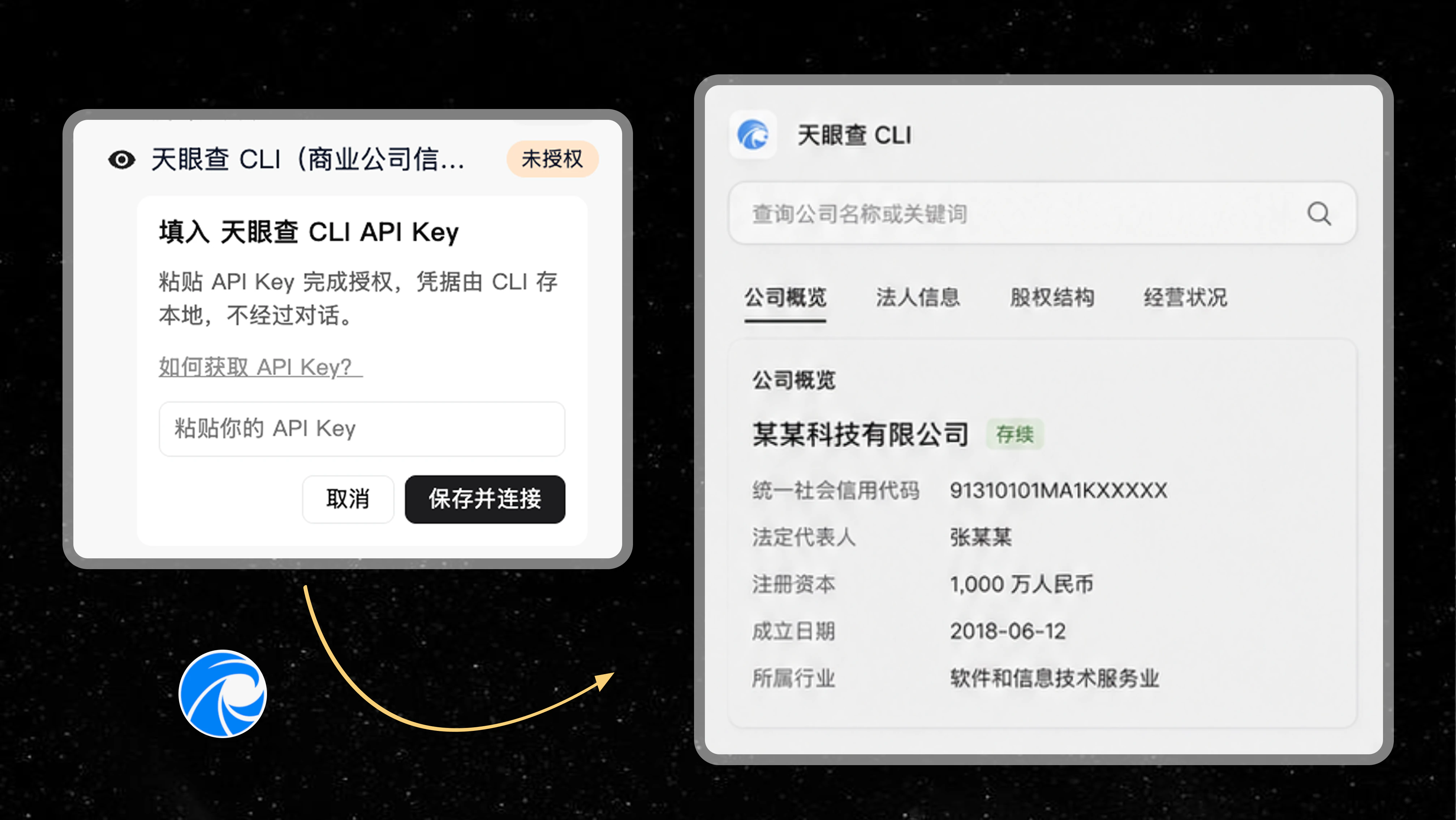 YouNavi 通过天眼查 CLI 授权并查询企业概览、法人信息和股权结构