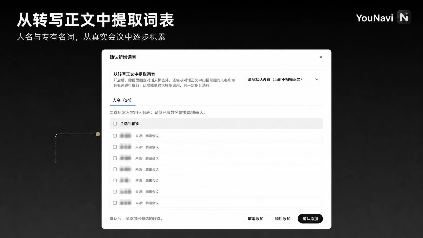 YouNavi 扫描转写正文后，核对并添加需要的人名和专有名词；候选姓名已脱敏